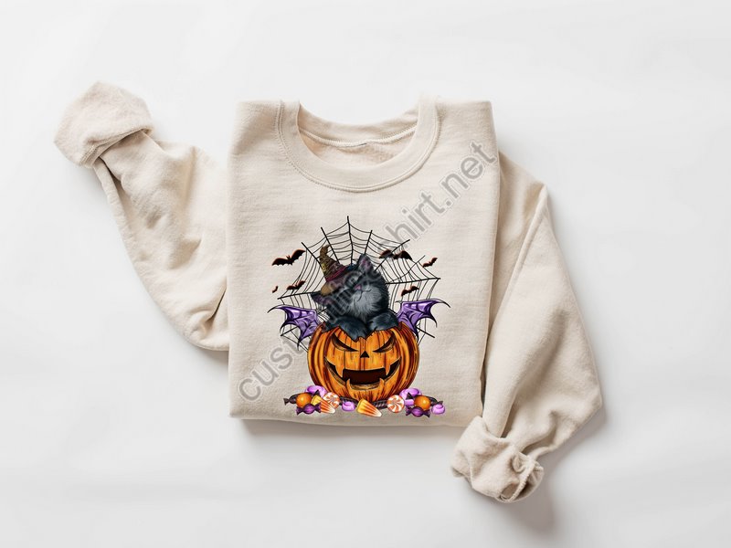 Halloween Sweatshirt Halloween Sweater Cat On Pumpkin Sweatshirt Black Cat Sweatshirt Halloween Crewneck Black Cat Shirt Spooky Season