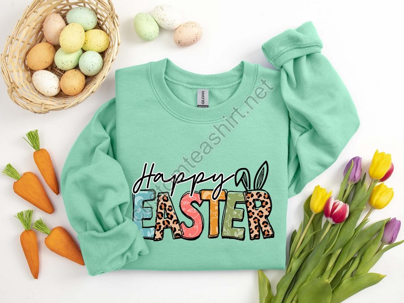 Happy Easter Bunny Sweatshirt Bunnies Sweatshirt Flowers Print Bunnies Leopard Bunny Sweatshirt Happy Easter Sweater Easter Gift