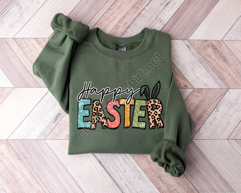 Happy Easter Bunny Sweatshirt Bunnies Sweatshirt Flowers Print Bunnies Leopard Bunny Sweatshirt Happy Easter Sweater Easter Gift