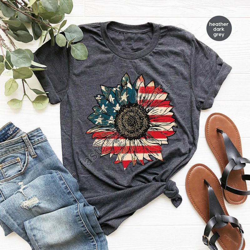 America Sunflower Shirt Usa Flag Flower T Shirt Gift For American 4th Of July Flag Graphic T-shirt Freedom Tshirt Independence Shirt