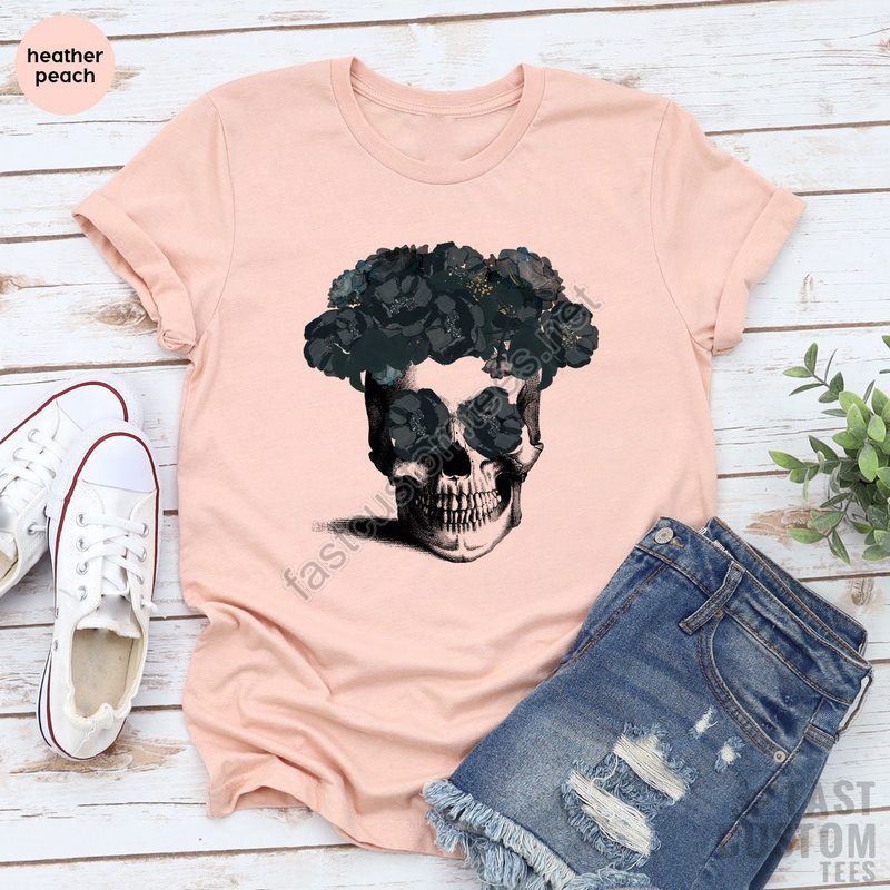 Halloween Shirt Funny Skull Shirt Skull Graphic T-shirt Gifts For Halloween Flower Shirt Floral Tshirt Gothic Shirt Fall Shirts