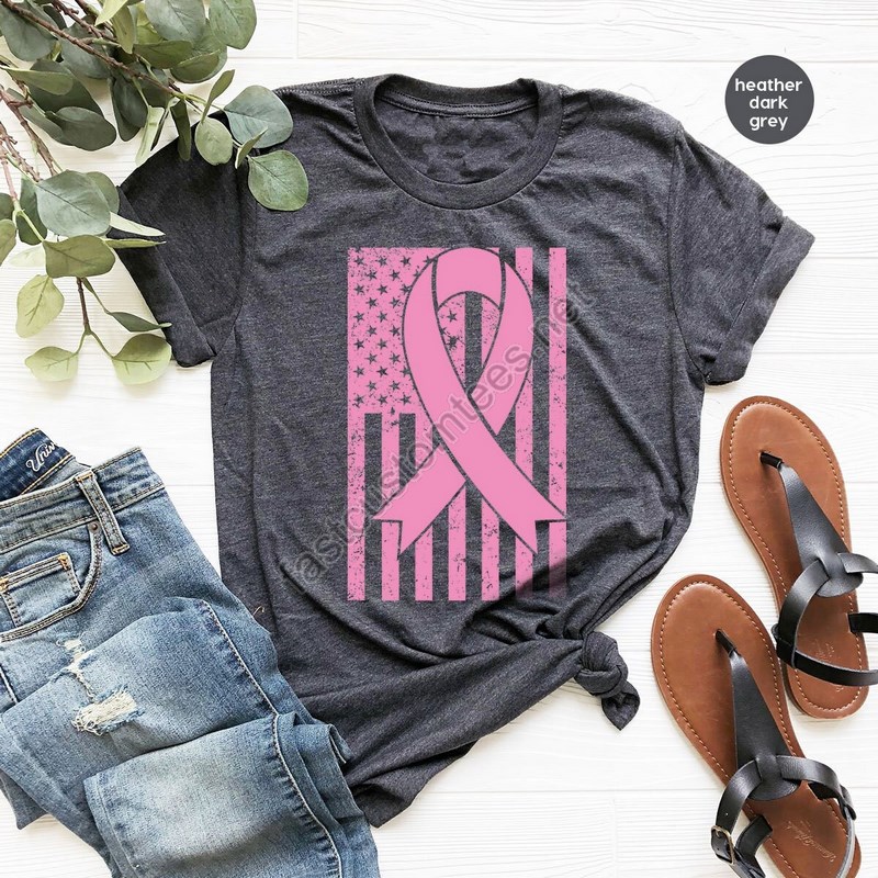 Breast Cancer Shirt Cancer Shirt Breast Cancer Ribbon Usa Flag Shirt Breast Cancer Month Cancer Awareness Shirt Cancer America Flag