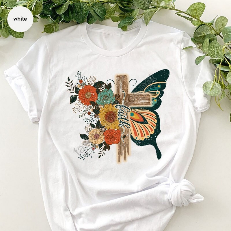 Retro Floral Christian Shirts For Women Flower Butterfly Faith Cross Graphic Tee Faith Shirt For Religious Vintage Faith Cross Design Tee