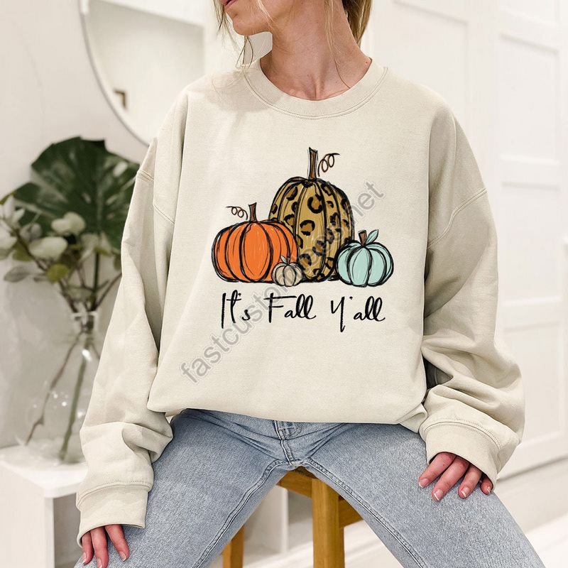 Its Fall Yall Sweatshirt Thanksgiving Fall Pumpkin Long Sleeve Shirts Autumn Fall Hoodie Pumpkin Leopard Print Mom Crewneck Sweatshirt