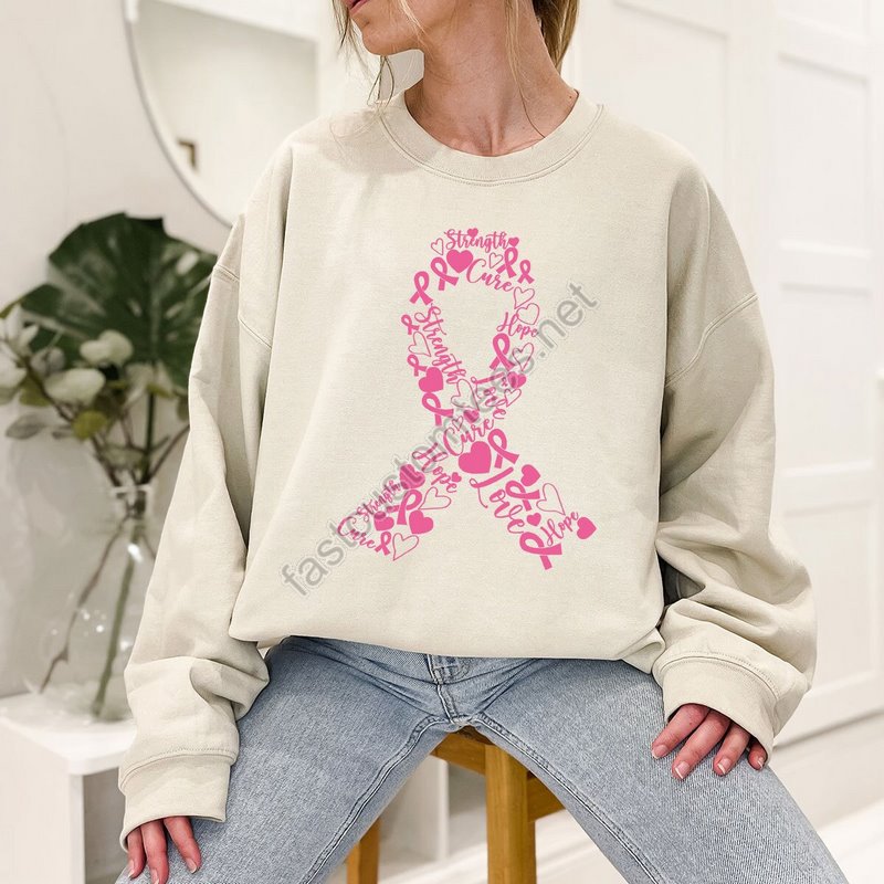 Breast Cancer Hope Love Strength Cure Survivor Sweatshirt Breast Cancer Warrior Hoodie Crewneck Stronger Than Cancer Long Sleeve Shirts