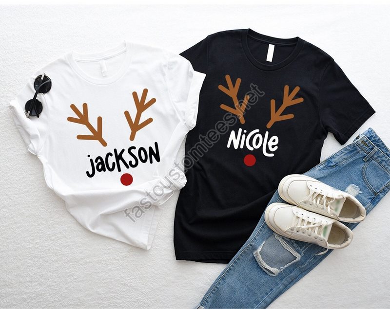 Matching Christmas Family Shirts Cute Custom Name Reindeer Graphic Tees For Family Funny Customizable Family Christmas Crewneck Shirts