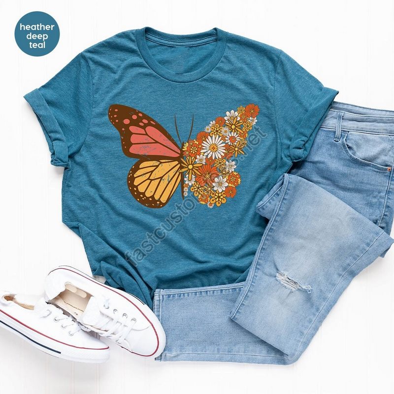 Vintage Butterfly T Shirt Flower Butterfly Graphic Tee For Women Aesthetic Butterfly Spring Shirt Crewneck Retro Floral Butterfly Shirt