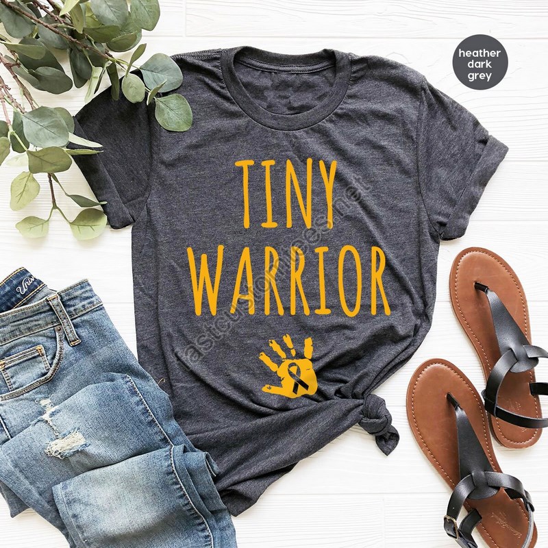 Tiny Warrior Gold Cancer Ribbon Graphic Tee Childhood Cancer Crewneck Shirt Mama Of A Cancer Warrior Shirt Pediatric Cancer Survivor Gift