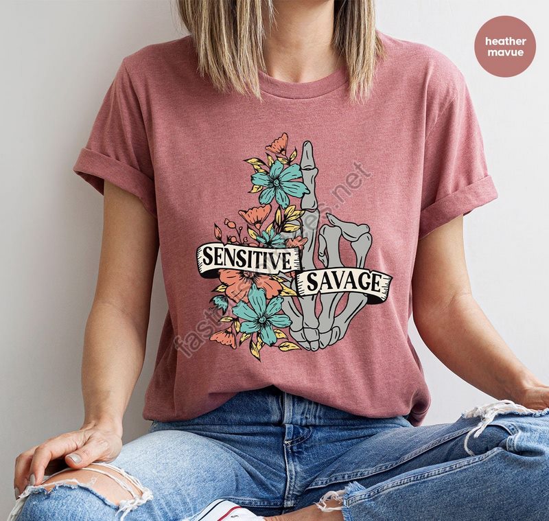 Vintage Flowers And Skeleton Hand Graphic Shirts For Women Sarcastic Saying Sensitive And Wild Crewneck Sweatshirt Boho Womens Clothing