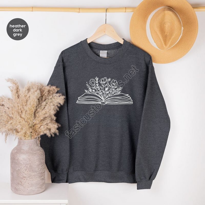 Reading Book Sweatshirt Minimalist Flower Hoodies Floral Book Long Sleeve Shirt Book Flowers Gifts For Bookworm Librarian Hoodie