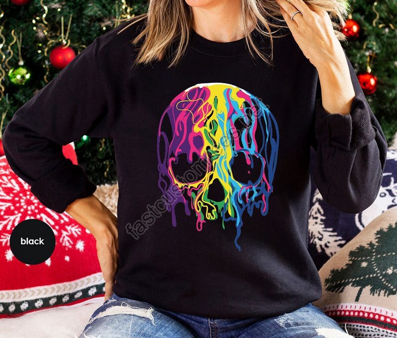 Rainbows Skulls Sweatshirt Spooky Teeskulls Shirtgoth Shirtskeleton Hoodieskulls Clothingtrendy Shirt For Women Aesthetic Long Sleeve