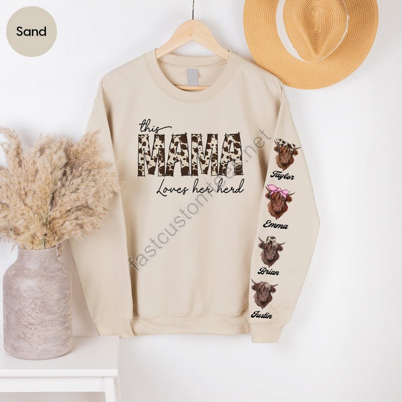 Custom Farm Shirt Personalized Mom Gifts Mothers Day Gift Cow Print Sweatshirt Customized Grandma Tee Farmer Shirt Mama Loves Her Herd