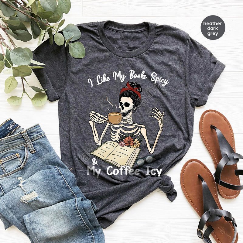 Funny Skeleton Shirt Coffee Gift Funny Book Shirt Coffee Graphic Tees Librarian Shirt Book T-shirt Skull Vneck Shirt Gift For Her