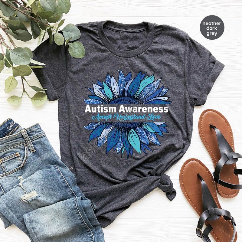 Floral Autism Awareness Shirt Sunflower Graphic Tees Autism Mom Gifts Autism Support Vneck Tshirt Awareness Month Clothing Gift For Her