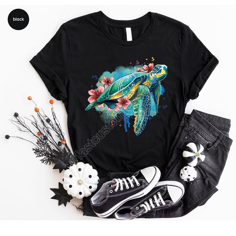 Floral Turtle Shirt Sea Turtle Graphic Tees Sea Animals Gifts Trendy Oceans Clothing Save The Turtles Vneck Shirt Cute Gifts For Kids