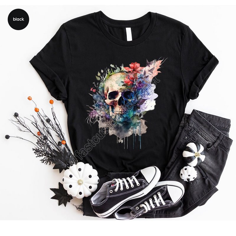 Floral Skull T-shirt Boho Outfit Wild Flowers Shirt Womens Vneck Tshirt Graphic Tees For Women Gift For Her Spring Clothing