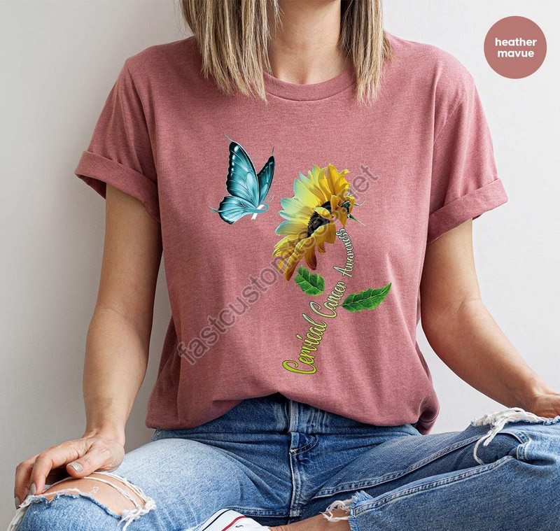 Awareness Gifts Cervical Cancer Shirt Cancer Support Tshirt Butterfly Outfit Sunflower Graphic Tees I'm A Survivor Teal Cancer Ribbon