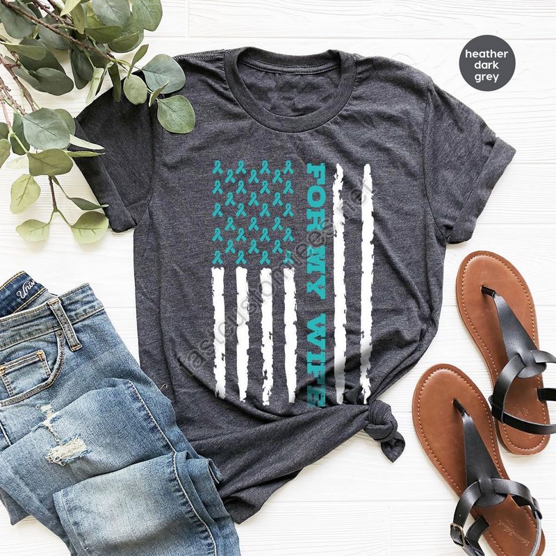 Retro Ovarian Cancer Tshirt Gift For Wife Support Graphic Tees American Flag Vneck Shirt Ovarian Cancer Survivor Gift Cancer Awareness