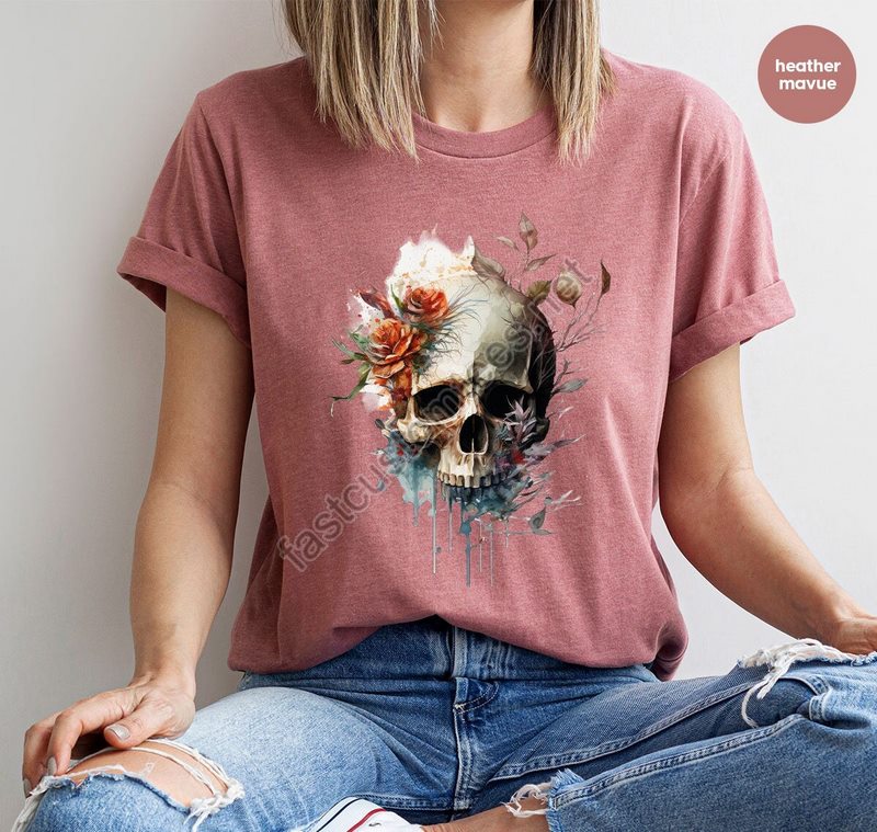 Watercolor Skulls Shirt Groovy Graphic Tees Cool Floral Skeleton T Shirt Skeleton Clothing Trendy Gift For Her Birthday Gift For Women