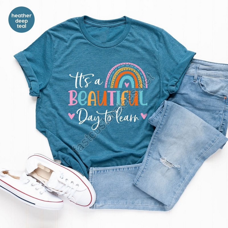 Colorful Teacher Shirt It's A Beautiful Day To Learn Inspirational Hraphic Tees Shirts For Women Back To School Tshirt Gift For Her