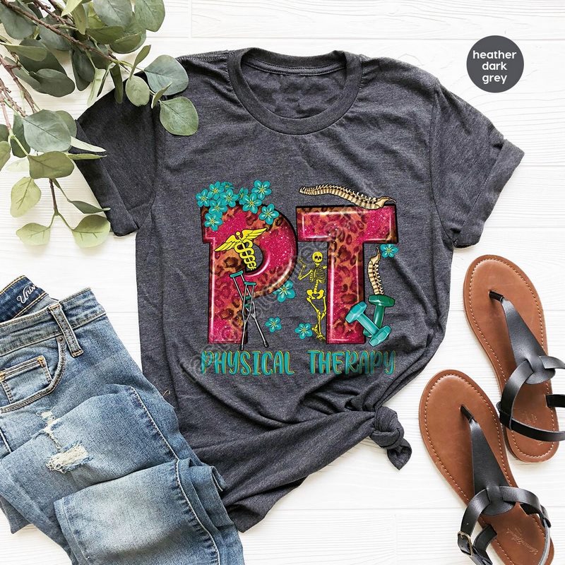 Physical Therapy Shirt Floral Terapist Clothes Funny Skeleton Graphic Tees Pt Tshirt Appreciation Gift Women Vneck Shirts Gift For Her