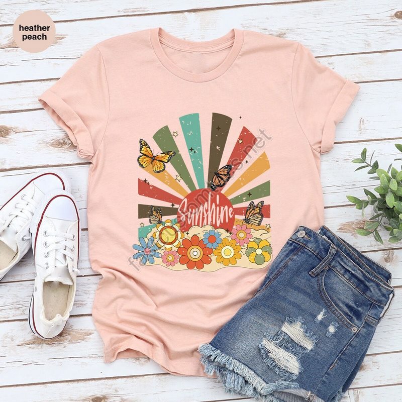 Inspirational Gifts Retro Sunshine T-shirt Cool Sun Tshirt Floral Graphic Tees Vintage Butterfly Shirt Summer Vneck Shirt Gift For Her