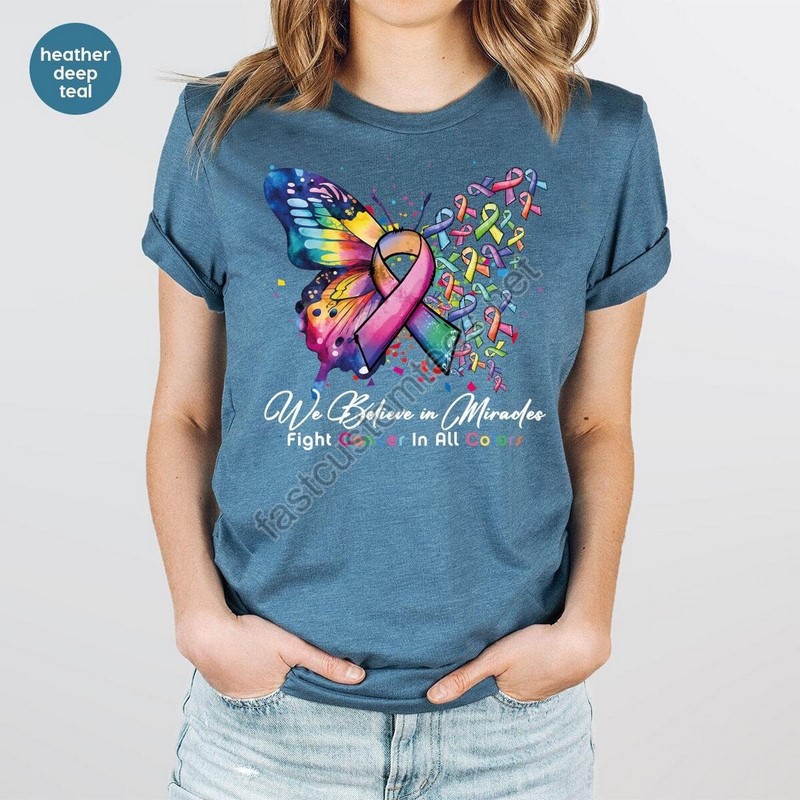 Cancer Survivor Gift Family Support Outfit Butterfly Graphic Tees Cancer Ribbon T-shirt Cancer Warrior Shirt Fight Cancer In All Colors