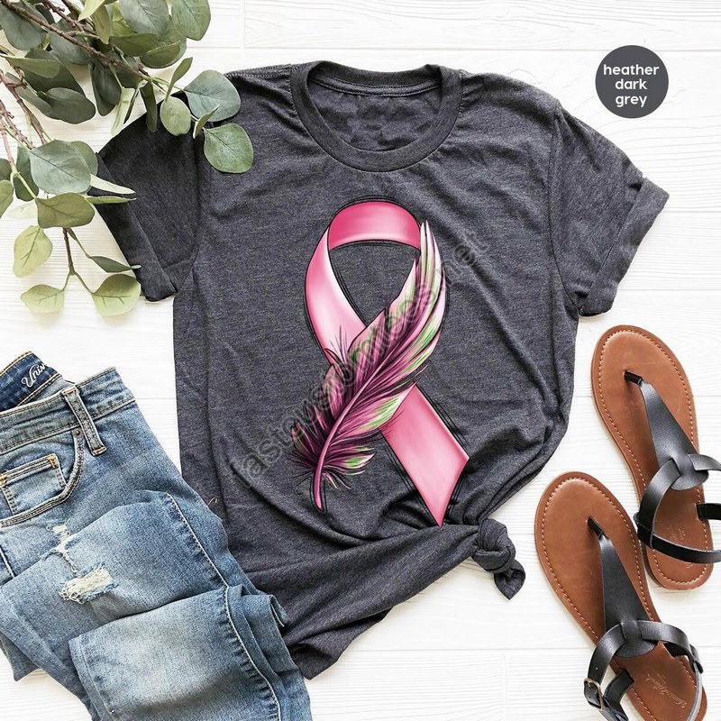 Breast Cancer Awareness Shirts Feather Graphic Tees Pink Ribbon Clothing Family Support Tshirts Shirts For Women Warrior Vneck T-shirt