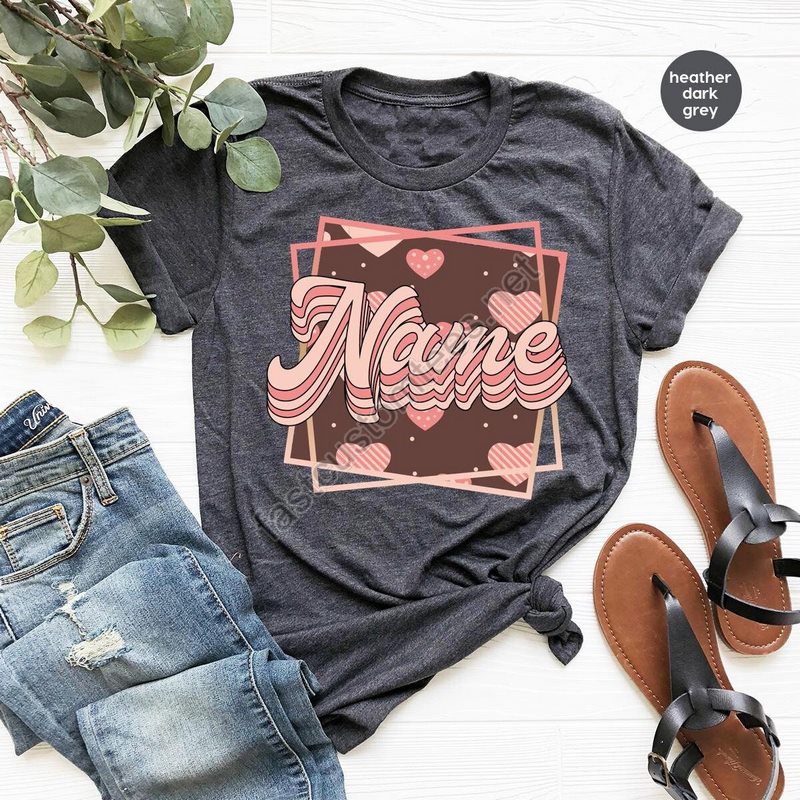 Personalized Birthday Gift Custom Name T-shirt Heart Graphic Tees Girls Vneck Tshirt Shirts For Women Customized Clothing Gift For Her