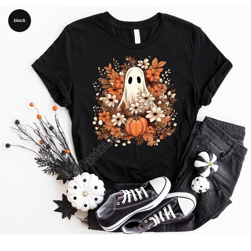 Cute Ghost Shirts Pumpkin Graphic Tees Floral Outfit Spooky Season T-shirt Fall Clothing Autumn Crewneck Sweatshirt Girls Vneck Tshirt