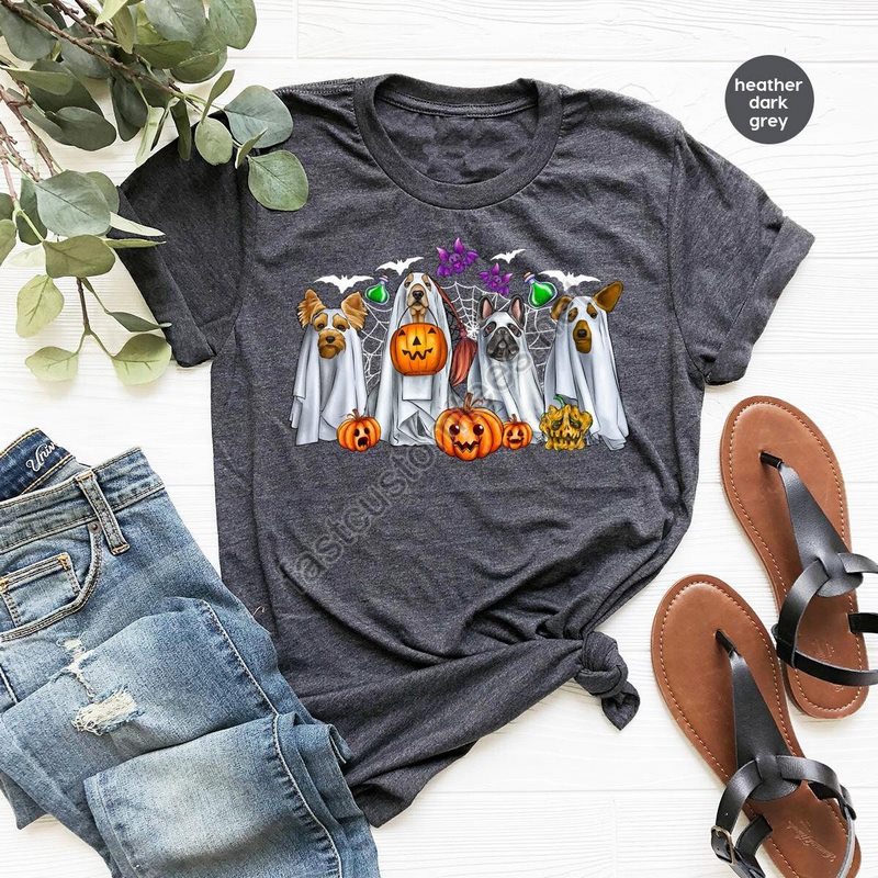 Funny Ghost Dog T-shirts Halloween Gifts Halloween Graphic Tees Dog Mom Gift Spooky Season Outfit Pumpkin Shirts Toddler Bat Tshirt