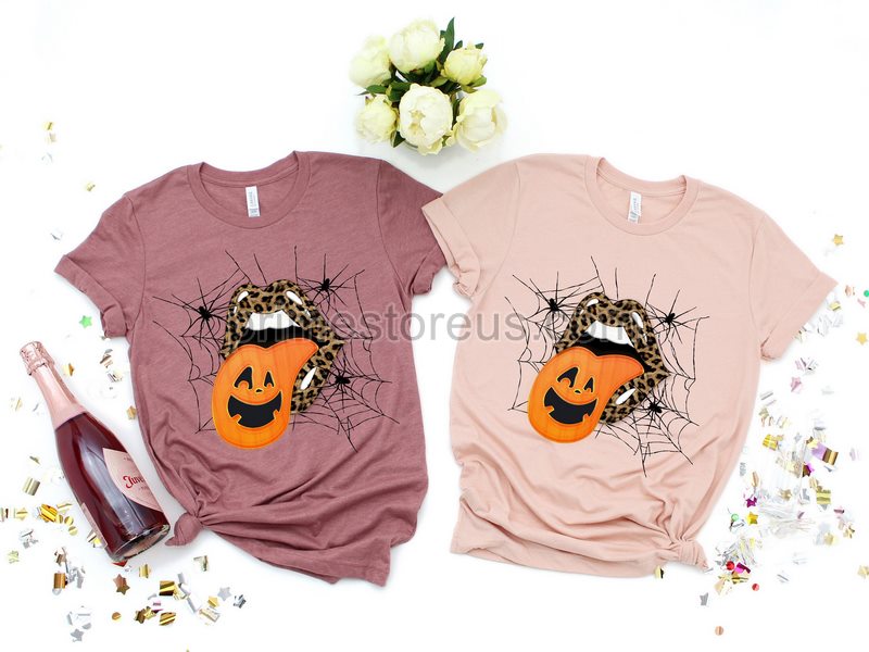 Leopard Halloween Lips Shirt Tongue Out Cheetah Lips With Pumpkin Tongue Womens Halloween Shirt Pumpkin Lips Tongue Shirt Halloween Gift