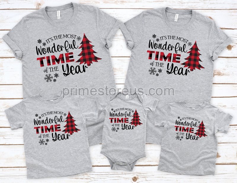 Matching Christmas Family Shirts Most Wonderful Time Of The Year Buffalo Plaid Holiday Trees Merry Christmas Unisex Graphic Tee