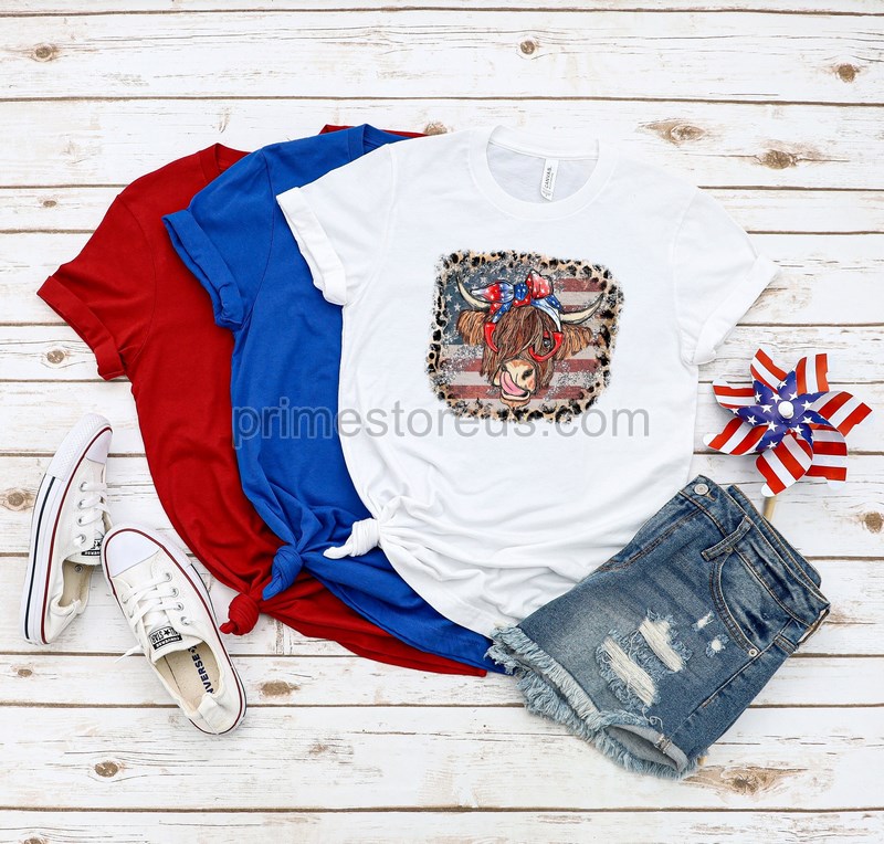 Highland Cow Shirt Usa Flag And Leopard Stars And Stripes Shirt Retro American Flag Highland Cow With 4th July American Flag Shirt