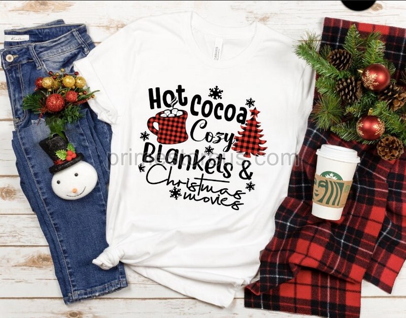 Hot Cocoa Cozy Blankets Christmas Movies Christmas Shirt Christmas Family Outfits Matching Buffalo Plaid Winter Shirt Holiday Teexmas