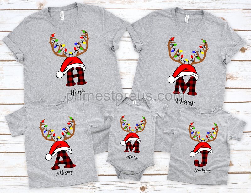 Personalized Christmas Family T-shirt Buffalo Plaid Monogrammed Family Christmas Shirt Custom Matching Family Tee Initial Christmas Shirt