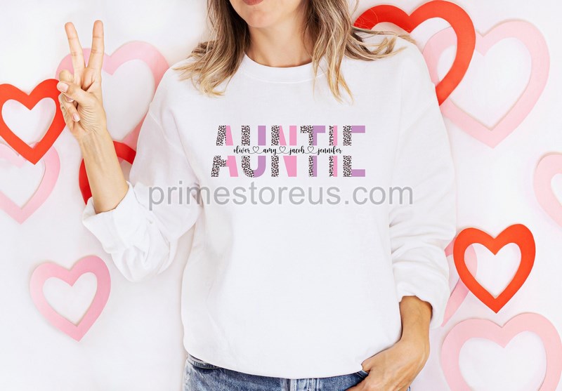 Custom Auntie Sweatshirt With Kids Names Leopard Print Personalized Auntie Sweatshirtgift For Aunt Custom Names Aunt Sweatshirtaunt Gift