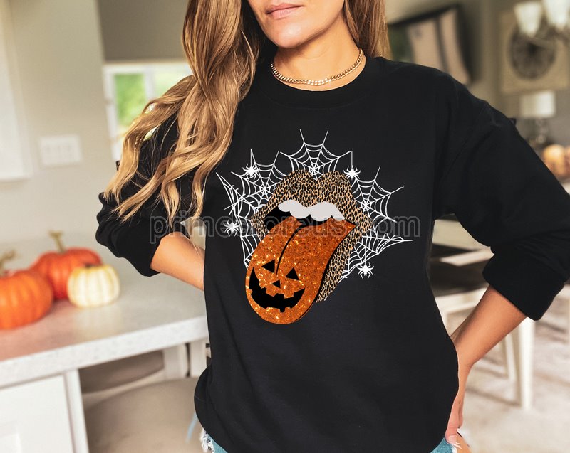 Leopard Halloween Lips Shirt Tongue Out Cheetah Lips With Pumpkin Tongue Womens Halloween Shirt Pumpkin Lips Tongue Shirt Halloween Gift