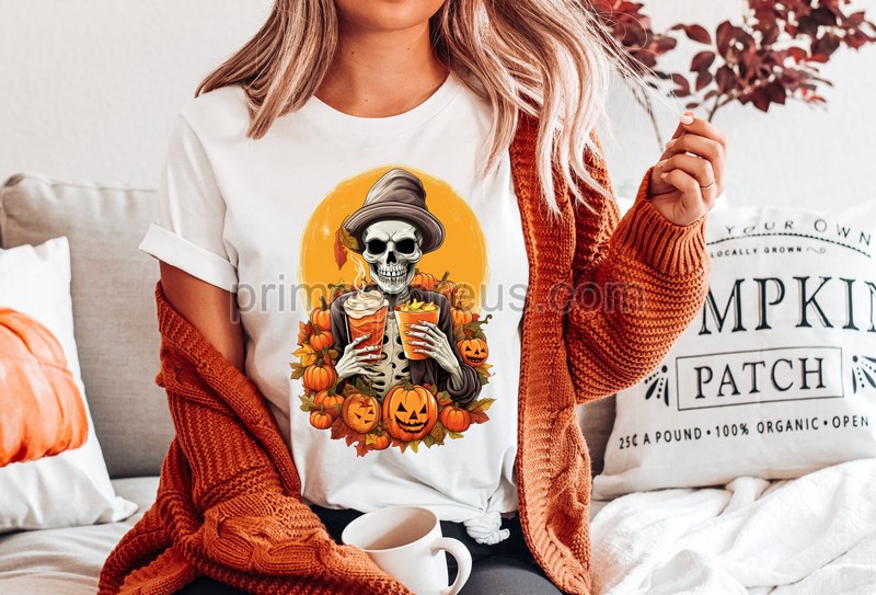 Pumpkin Skeleton Drinking Coffee Shirt Funny Halloween T Shirt Skeleton Coffee Lover Shirts Enjoy Pumpkin Sweatshirt Coffee Lover Tees