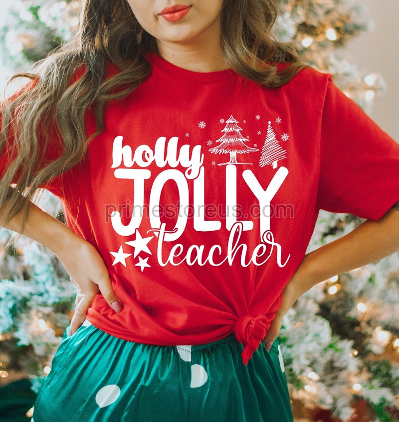 Holly Jolly Teacher T-shirtchristmas Teacher Shirtschristmas Teacher Shirtsanta' S Favorite Teacherpre-k Teacherteacher Holiday Shirt