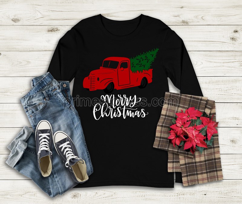 Merry Christmas Long Sleeved Shirt Red Truck Christmas Gift Idea For Women's Men's Unisex Long Sleeved Red Truck Christmas Shirt