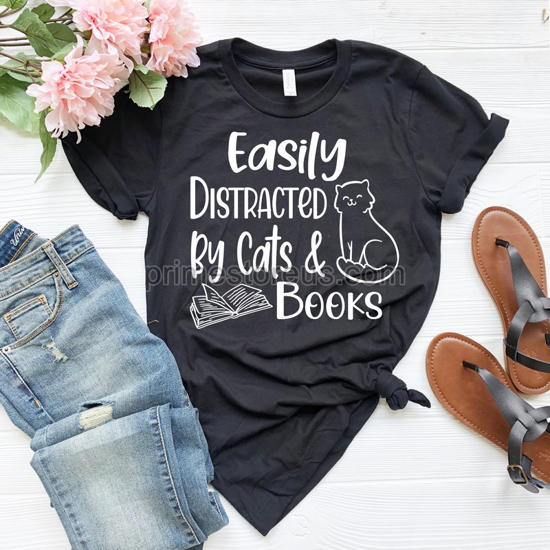 Easily Distracted By Cats And Books Shirt Book Lover Shirt Bookish Shirt Reading Shirt Book Lover Gift Kitten Lover Shirt Book Shirt