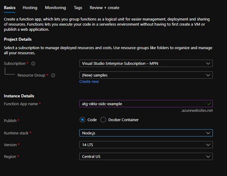 Azure Create Function App form with app name atg-okta-oidc-example, Node.js 14 LTS runtime, and Central US region
