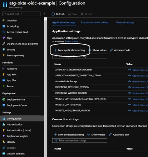 Azure Function App Configuration page for atg-okta-oidc-example with "New application setting" circled