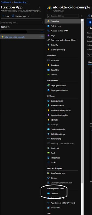 Azure Function App menu for atg-okta-oidc-example with Console circled under Development Tools