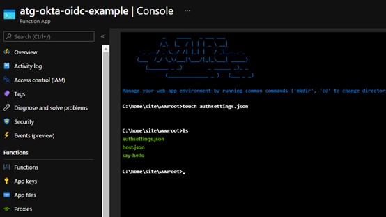 Azure Function App console running "touch authsettings.json" and listing authsettings.json, host.json, and say-hello