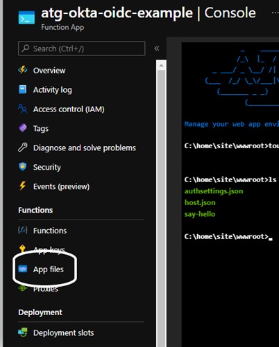 Azure Function App console with "App files" circled in the Functions menu