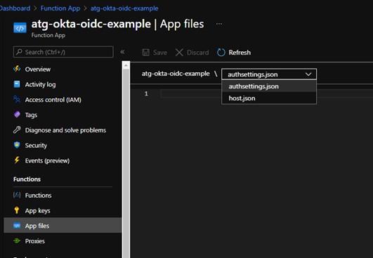 Azure App files editor with authsettings.json selected from the file dropdown and an empty file open