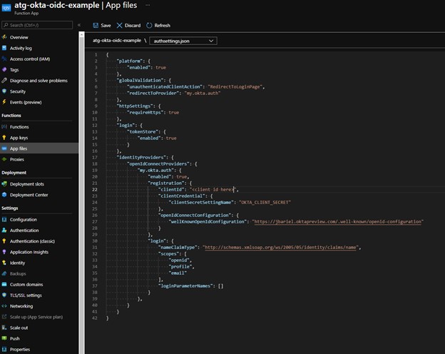 authsettings.json in the Azure App files editor configuring an Okta OpenID Connect provider named my.okta.auth