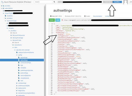 Azure Resource Explorer showing the Function App authsettings config with the Read/Write toggle and "enabled": false highlighted